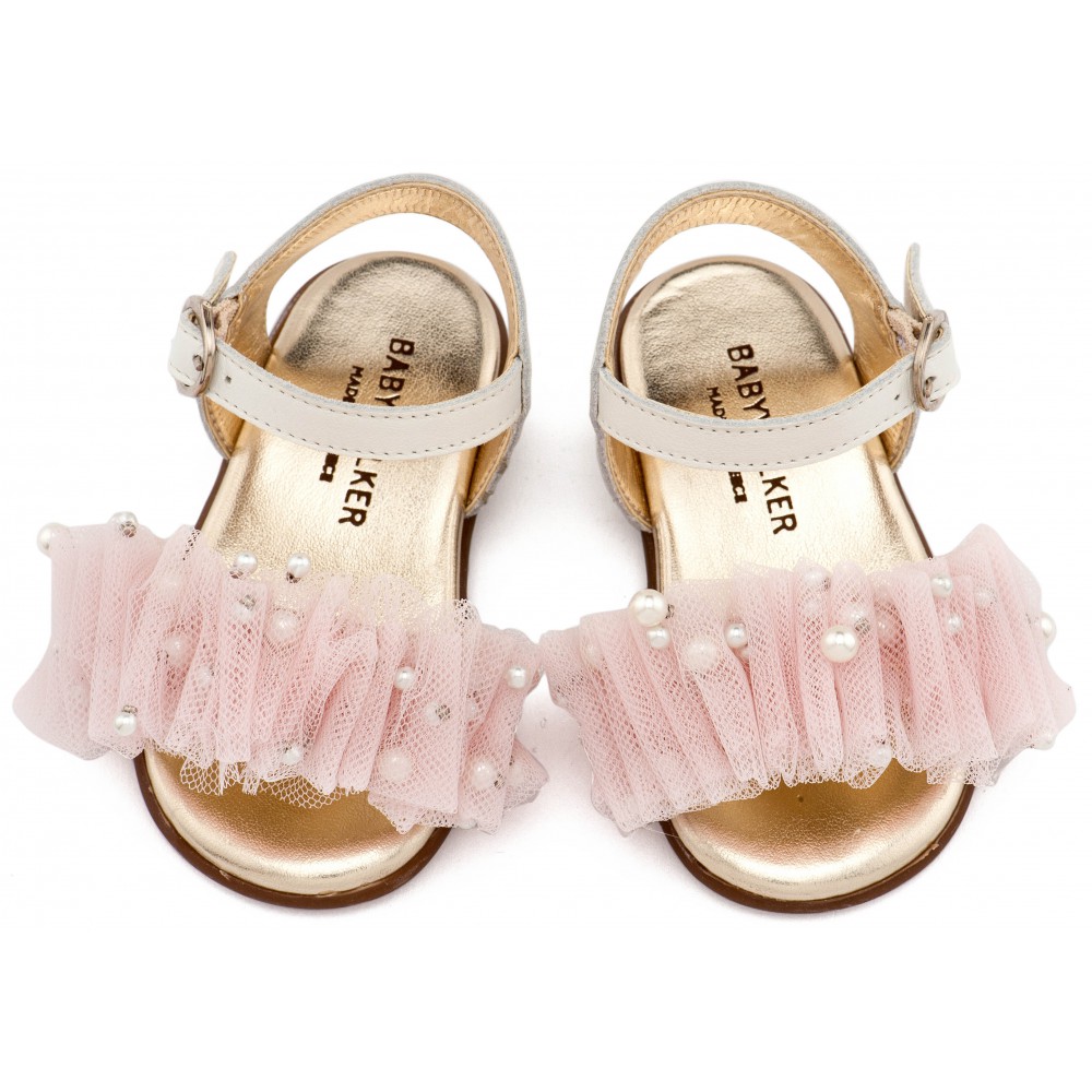 PRI2656 Εκρού Ροζ Πέδιλο με Χειροποίητο Διακοσμητικό απο Τούλι