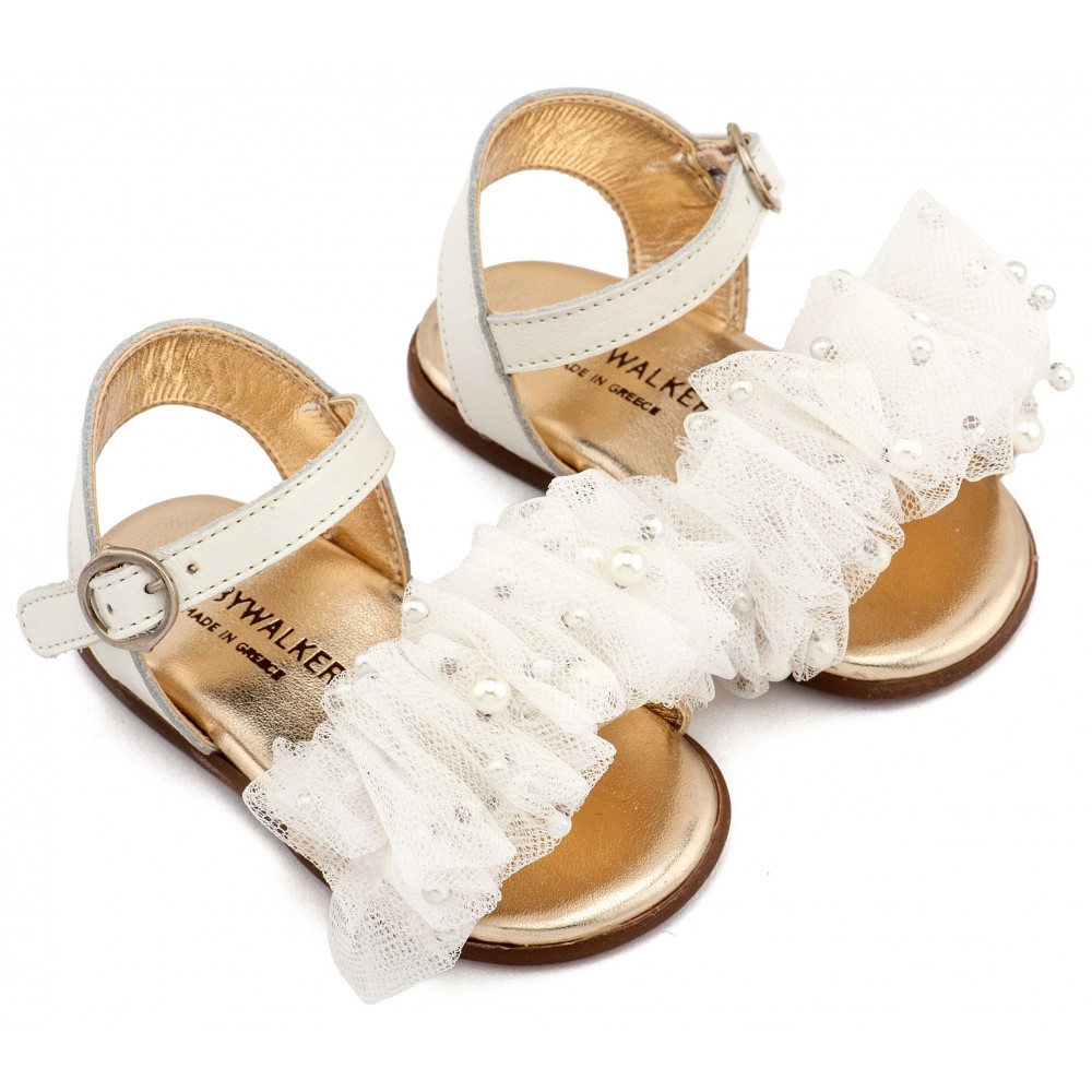 PRI2656 Εκρού Πέδιλο με Χειροποίητο Διακοσμητικό απο Τούλι