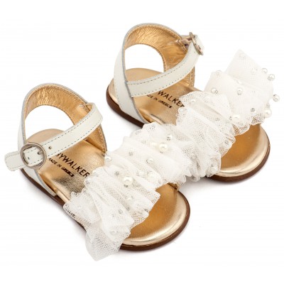 PRI2656 Εκρού Πέδιλο με Χειροποίητο Διακοσμητικό απο Τούλι