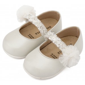 PRI2657 Εκρού Γοβάκι Μονή Μπαρέτα Διακοσμημένο με Τρέσα και Τούλινο Πον Πον 