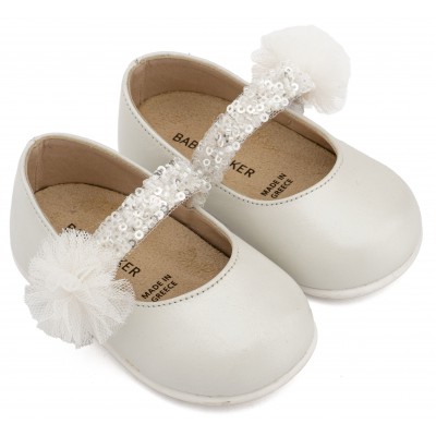 PRI2657 Εκρού Γοβάκι Μονή Μπαρέτα Διακοσμημένο με Τρέσα και Τούλινο Πον Πον 