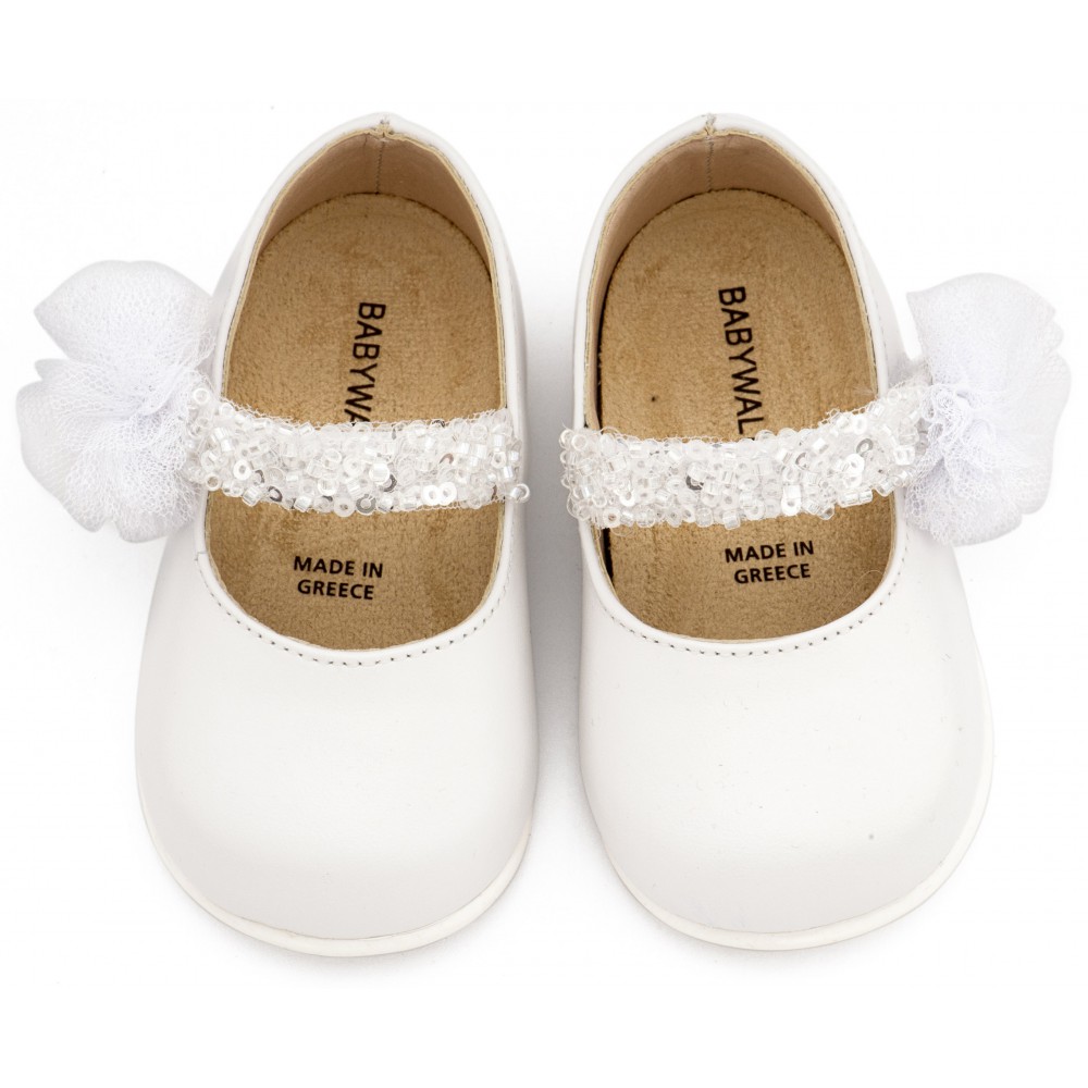 PRI2657 Εκρού Γοβάκι Μονή Μπαρέτα Διακοσμημένο με Τρέσα και Τούλινο Πον Πον 