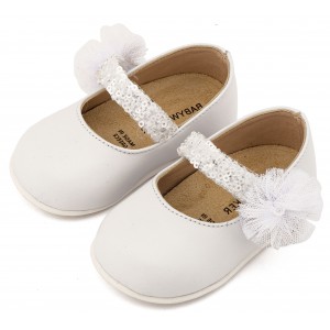 PRI2657 Λευκό Γοβάκι Μονή Μπαρέτα Διακοσμημένο με Τρέσα και Τούλινο Πον Πον 