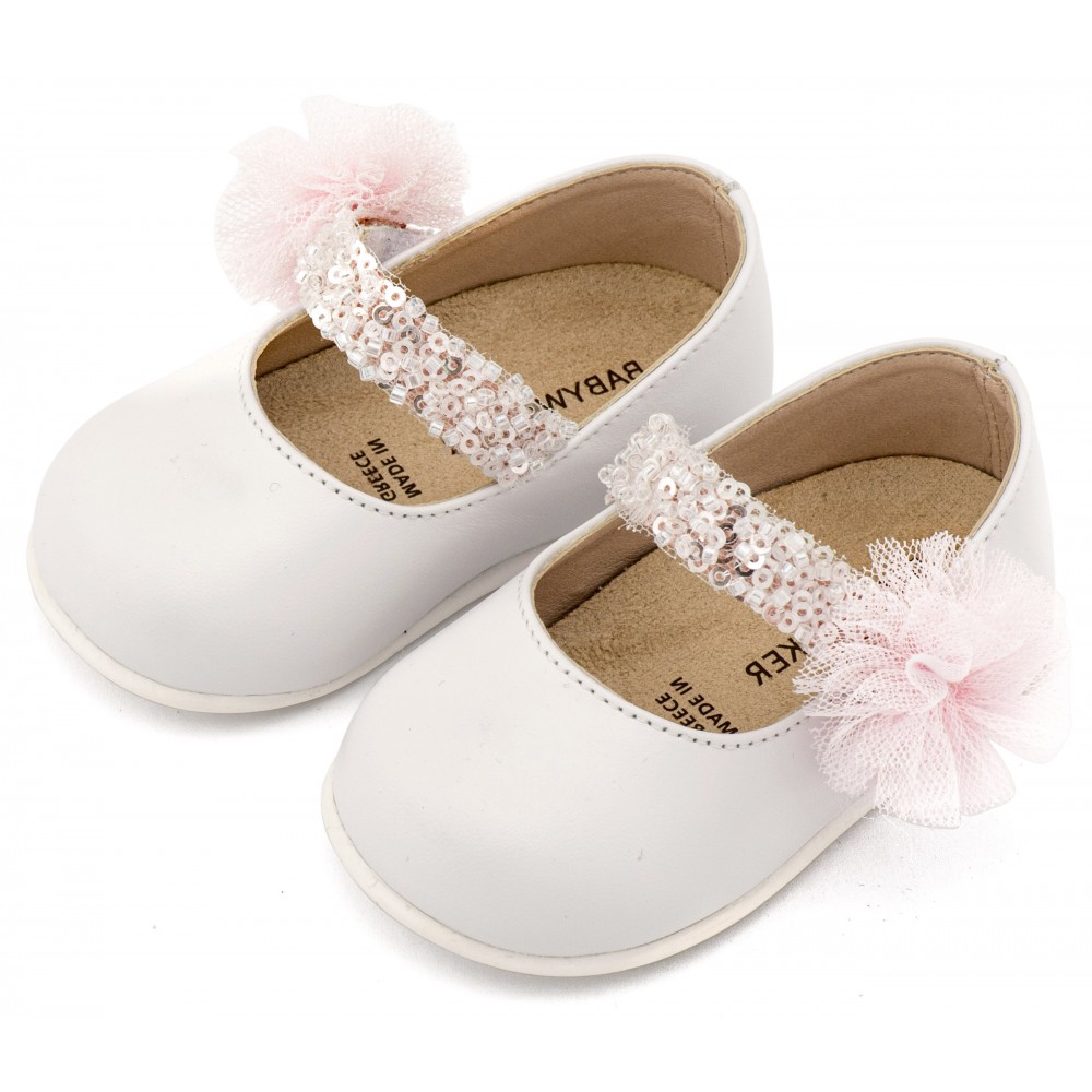 PRI2657 Λευκό Ροζ Γοβάκι Μονή Μπαρέτα Διακοσμημένο με Τρέσα και Τούλινο Πον Πον 