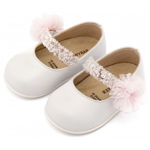 PRI2657 Λευκό Ροζ Γοβάκι Μονή Μπαρέτα Διακοσμημένο με Τρέσα και Τούλινο Πον Πον 