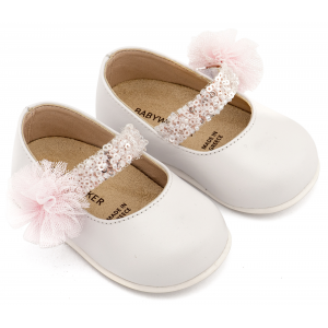 PRI2657 Λευκό Ροζ Γοβάκι Μονή Μπαρέτα Διακοσμημένο με Τρέσα και Τούλινο Πον Πον 