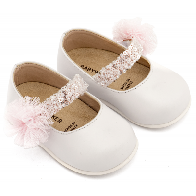 PRI2657 Λευκό Ροζ Γοβάκι Μονή Μπαρέτα Διακοσμημένο με Τρέσα και Τούλινο Πον Πον 