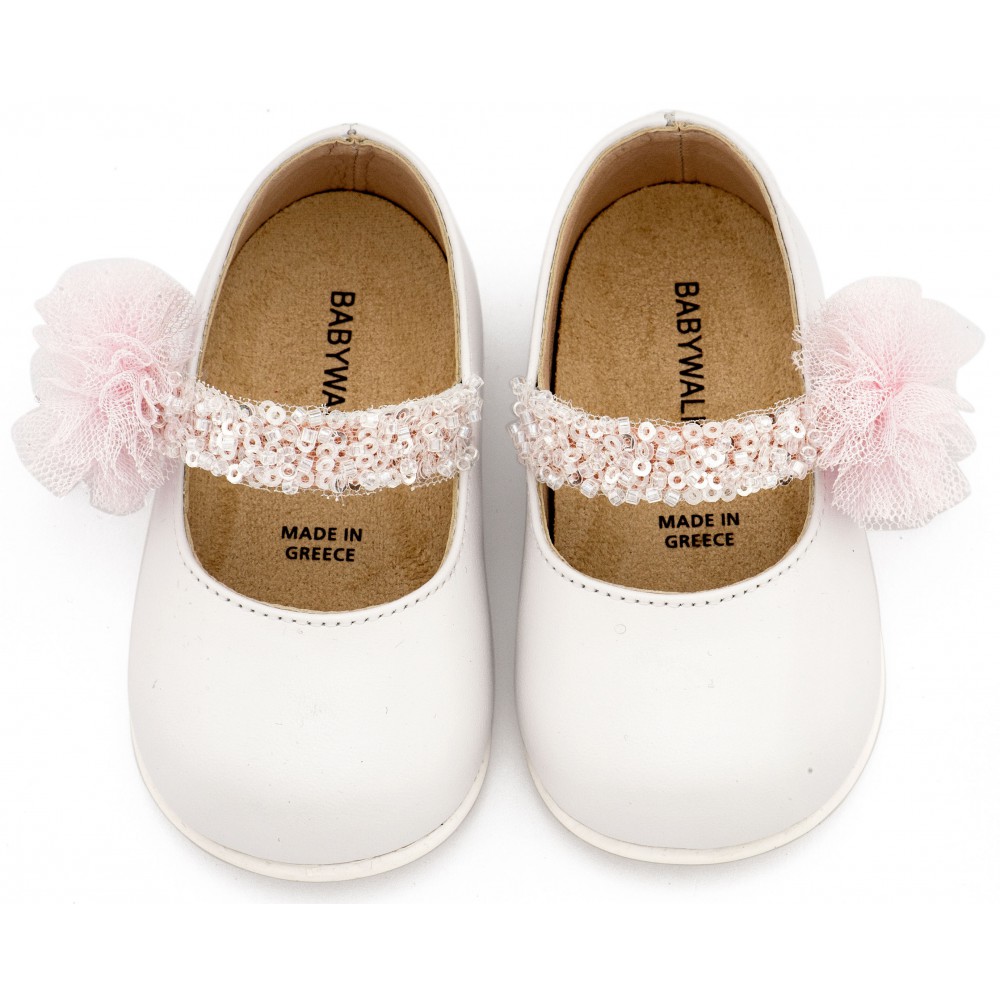 PRI2657 Λευκό Ροζ Γοβάκι Μονή Μπαρέτα Διακοσμημένο με Τρέσα και Τούλινο Πον Πον 