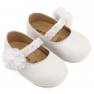 PRI2657 Λευκό Γοβάκι Μονή Μπαρέτα Διακοσμημένο με Τρέσα και Τούλινο Πον Πον 