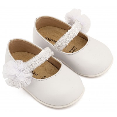 PRI2657 Λευκό Γοβάκι Μονή Μπαρέτα Διακοσμημένο με Τρέσα και Τούλινο Πον Πον 