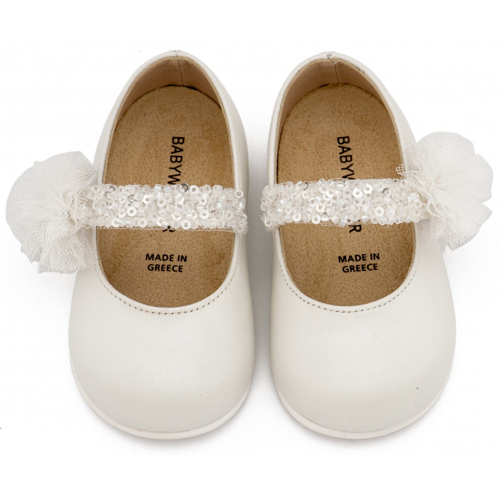 PRI2657 Λευκό Γοβάκι Μονή Μπαρέτα Διακοσμημένο με Τρέσα και Τούλινο Πον Πον 