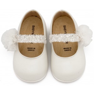 PRI2657 Λευκό Γοβάκι Μονή Μπαρέτα Διακοσμημένο με Τρέσα και Τούλινο Πον Πον 