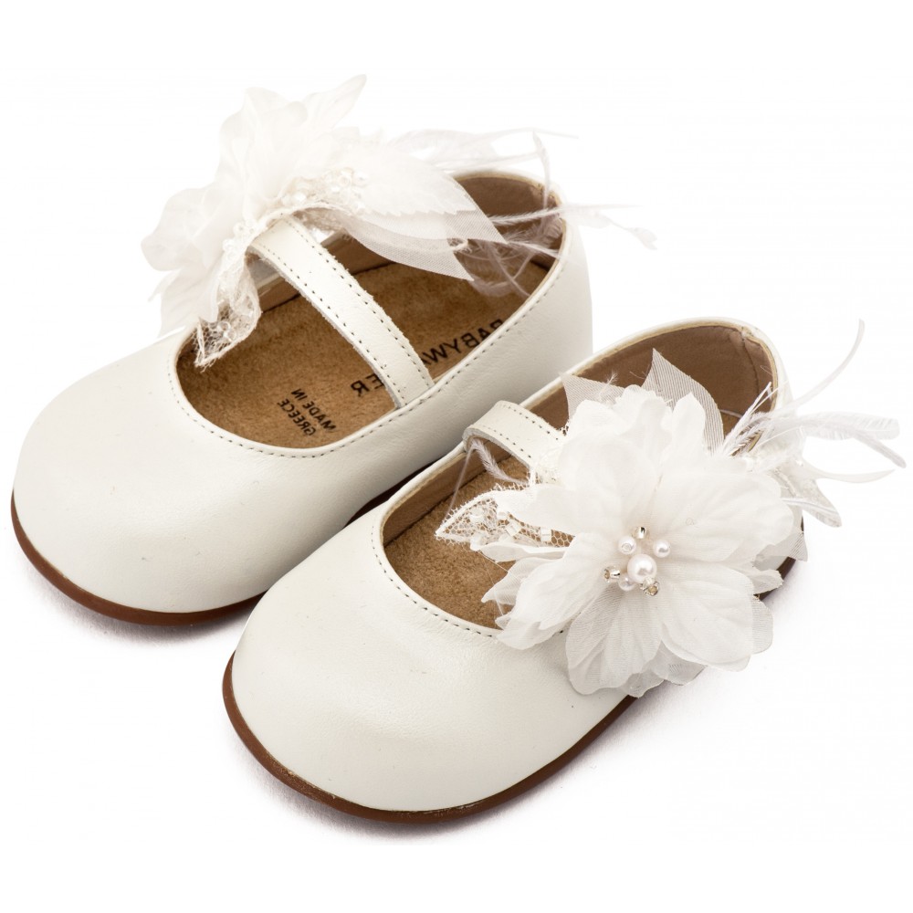 PRI2658 Εκρού Γοβάκι Μονή Μπαρέτα Χειροποίητο Λουλούδι με Πούπουλα 