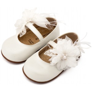 PRI2658 Εκρού Γοβάκι Μονή Μπαρέτα Χειροποίητο Λουλούδι με Πούπουλα 