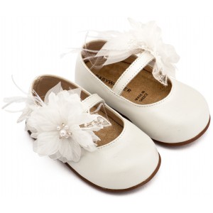 PRI2658 Εκρού Γοβάκι Μονή Μπαρέτα Χειροποίητο Λουλούδι με Πούπουλα 