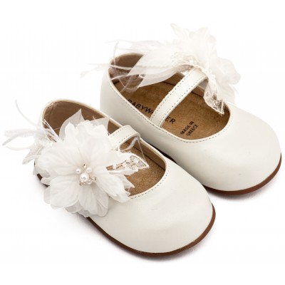 PRI2658 Εκρού Γοβάκι Μονή Μπαρέτα Χειροποίητο Λουλούδι με Πούπουλα 