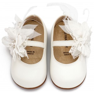 PRI2658 Εκρού Γοβάκι Μονή Μπαρέτα Χειροποίητο Λουλούδι με Πούπουλα 