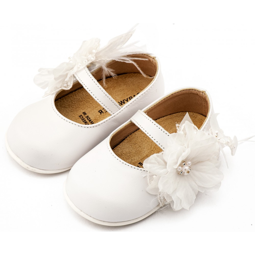 PRI2658 Λευκό Γοβάκι Μονή Μπαρέτα Χειροποίητο Λουλούδι με Πούπουλα 