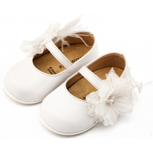 PRI2658 Λευκό Γοβάκι Μονή Μπαρέτα Χειροποίητο Λουλούδι με Πούπουλα 