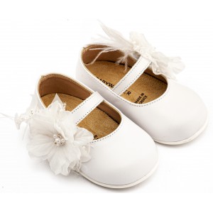 PRI2658 Λευκό Γοβάκι Μονή Μπαρέτα Χειροποίητο Λουλούδι με Πούπουλα 