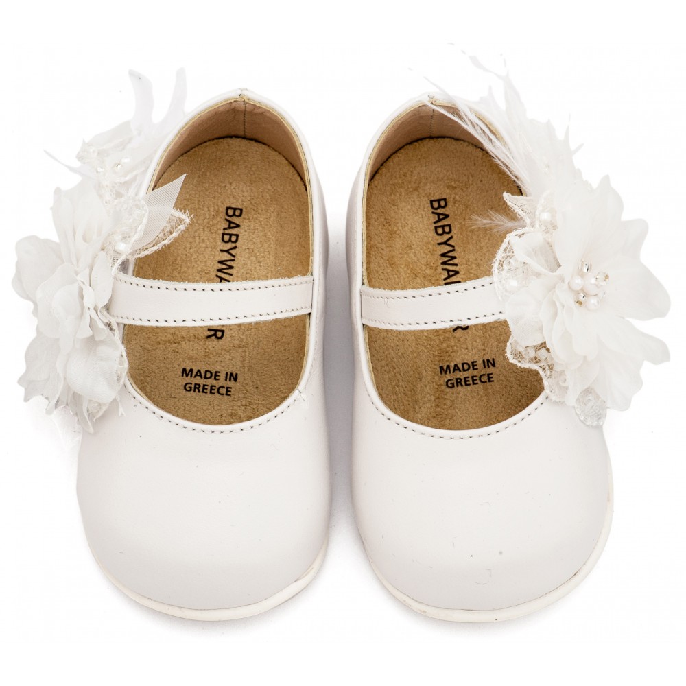 PRI2658 Λευκό Γοβάκι Μονή Μπαρέτα Χειροποίητο Λουλούδι με Πούπουλα 