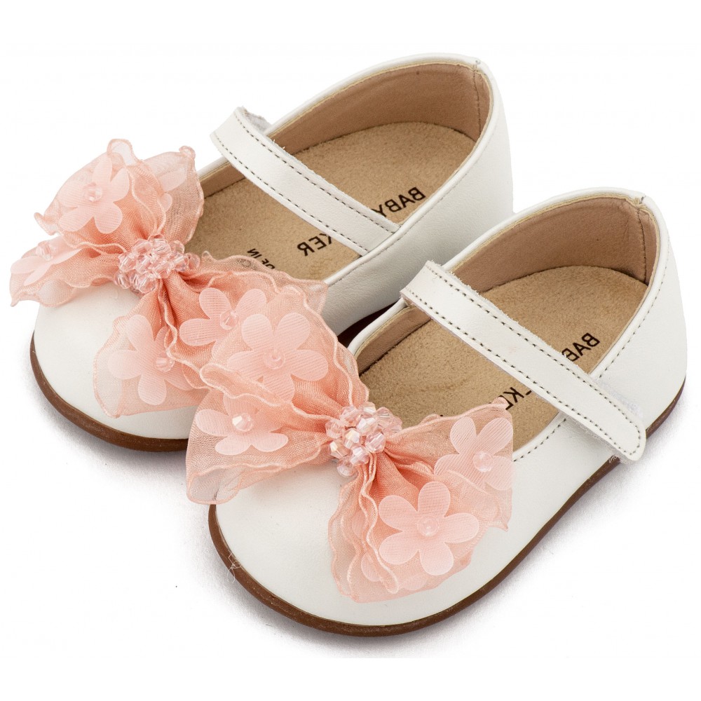 PRI2659 Εκρού Ροζ Γοβάκι Μονή Μπαρέτα Φιογκάκι Οργάντζας 