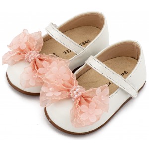 PRI2659 Εκρού Ροζ Γοβάκι Μονή Μπαρέτα Φιογκάκι Οργάντζας 