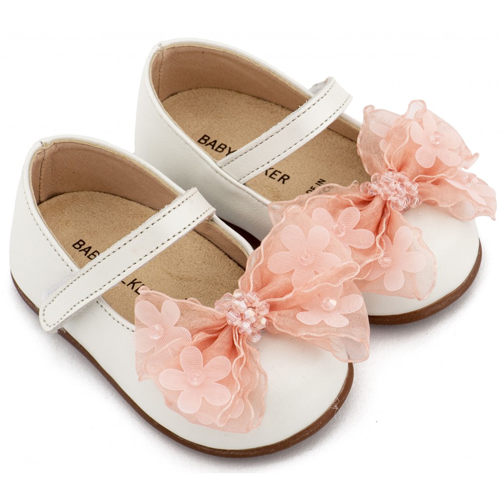 PRI2659 Εκρού Ροζ Γοβάκι Μονή Μπαρέτα Φιογκάκι Οργάντζας 