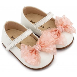 PRI2659 Εκρού Ροζ Γοβάκι Μονή Μπαρέτα Φιογκάκι Οργάντζας 