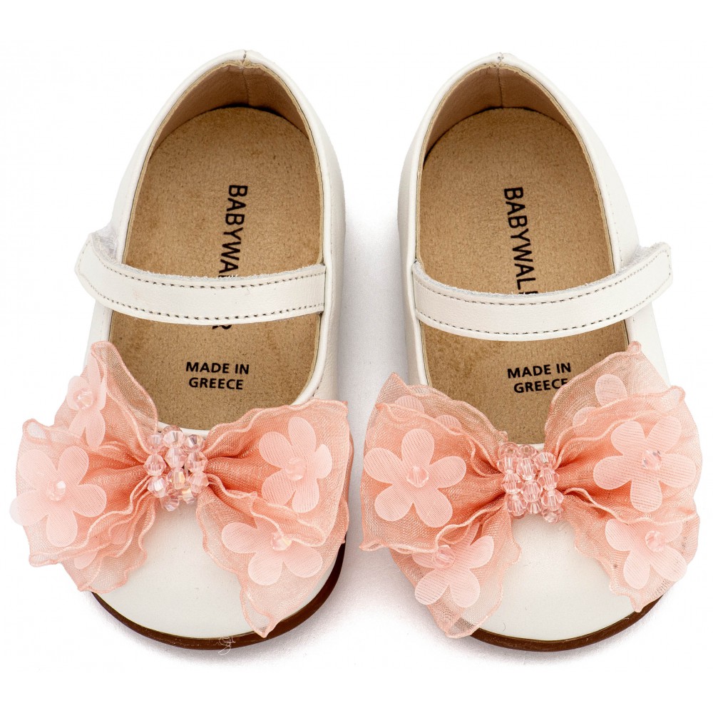 PRI2659 Εκρού Ροζ Γοβάκι Μονή Μπαρέτα Φιογκάκι Οργάντζας 