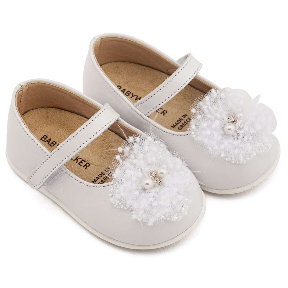 PRI2660 Λευκό Γοβάκι Μονή Μπαρέτα Χειροποίητο Διακοσμητικό απο Τούλι 