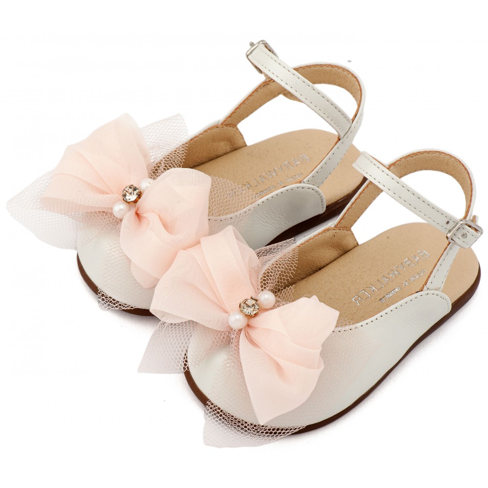 PRI2661 Εκρού Ροζ Γαλλικό Σαμπό Διακοσμημένο με Φιόγκο Οργάντζας και Στρας 