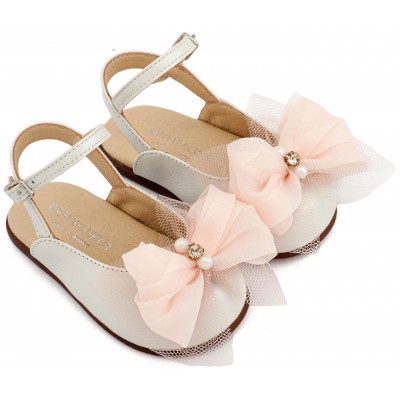 PRI2661 Εκρού Ροζ Γαλλικό Σαμπό Διακοσμημένο με Φιόγκο Οργάντζας και Στρας 