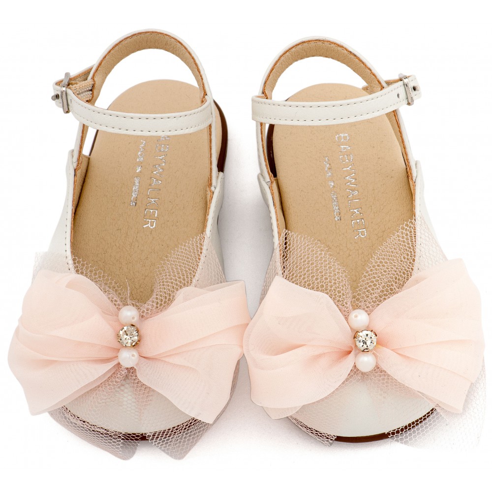 PRI2661 Εκρού Ροζ Γαλλικό Σαμπό Διακοσμημένο με Φιόγκο Οργάντζας και Στρας 