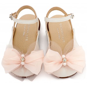 PRI2661 Εκρού Ροζ Γαλλικό Σαμπό Διακοσμημένο με Φιόγκο Οργάντζας και Στρας 