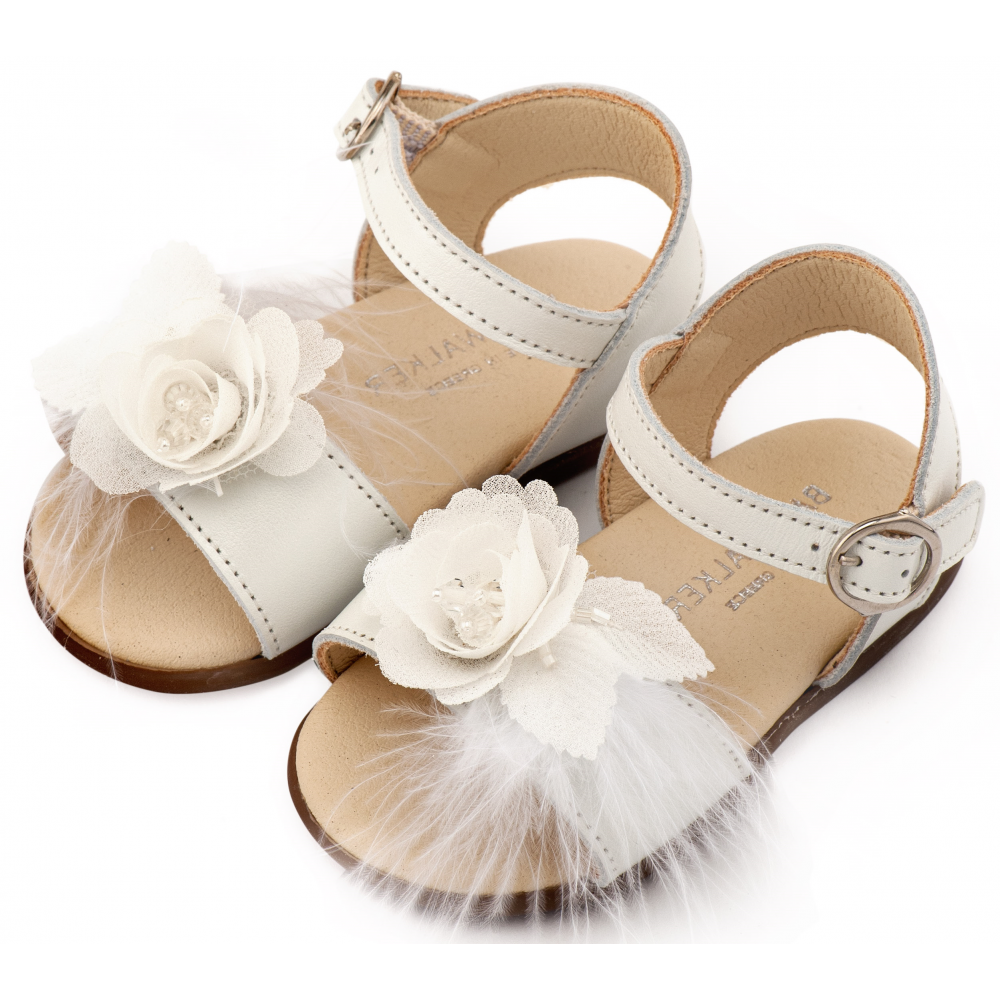 PRI2662 Εκρού Πέδιλο Διακοσμημένο με Χειροποίητο Λουλούδι με Πούπουλα 