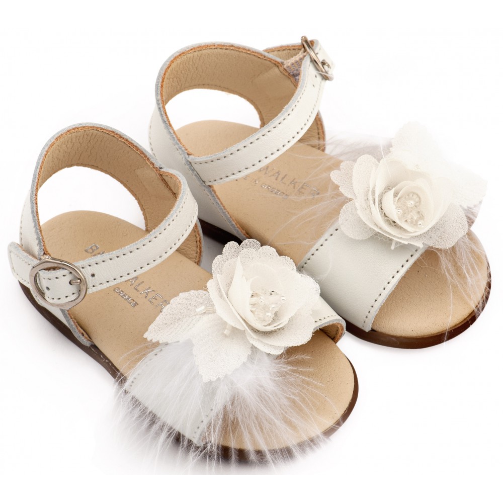 PRI2662 Εκρού Πέδιλο Διακοσμημένο με Χειροποίητο Λουλούδι με Πούπουλα 