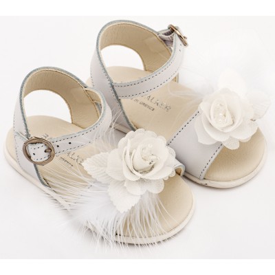 PRI2662 Λευκό Πέδιλο Διακοσμημένο με Χειροποίητο Λουλούδι με Πούπουλα 