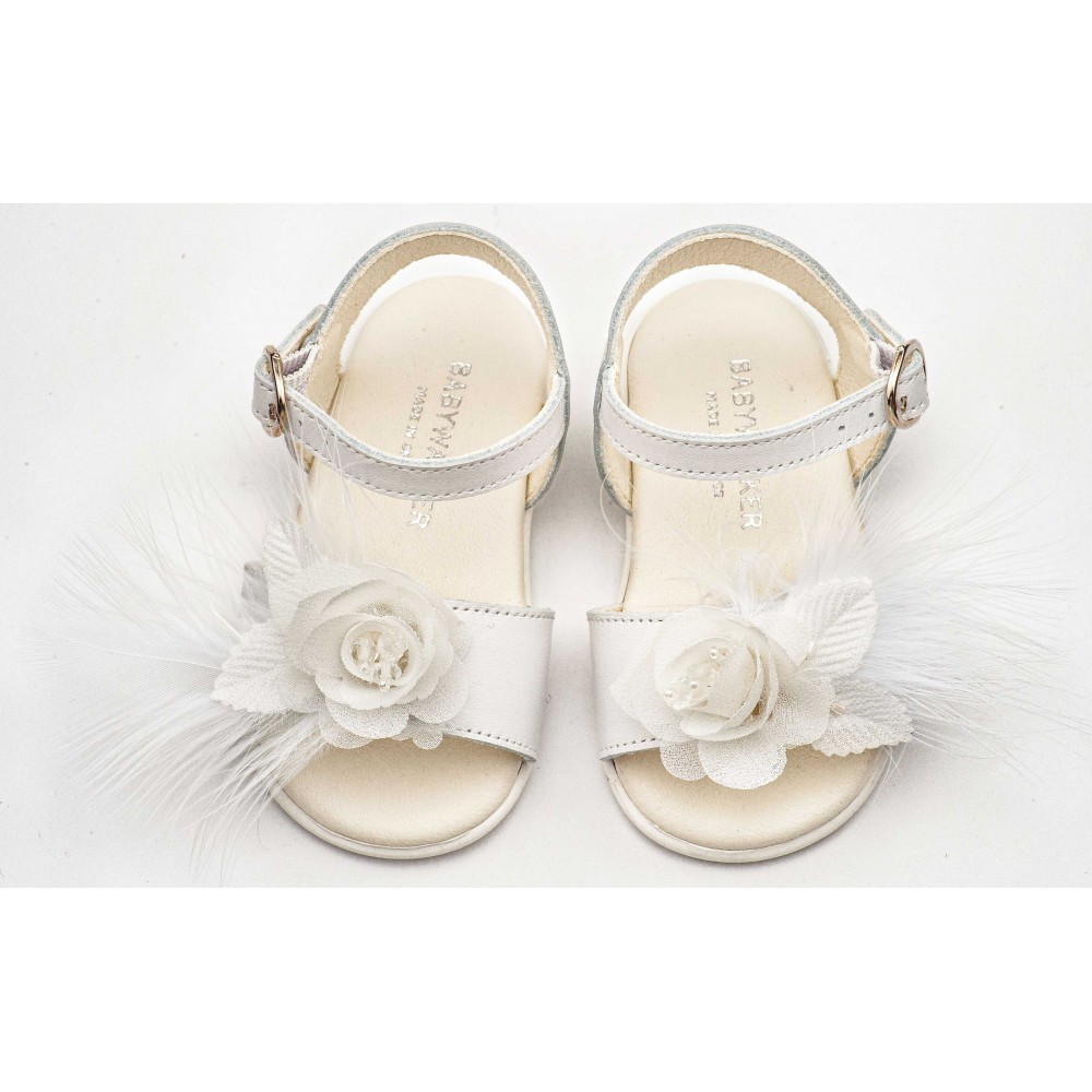 PRI2662 Λευκό Πέδιλο Διακοσμημένο με Χειροποίητο Λουλούδι με Πούπουλα 