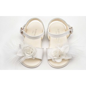 PRI2662 Λευκό Πέδιλο Διακοσμημένο με Χειροποίητο Λουλούδι με Πούπουλα 
