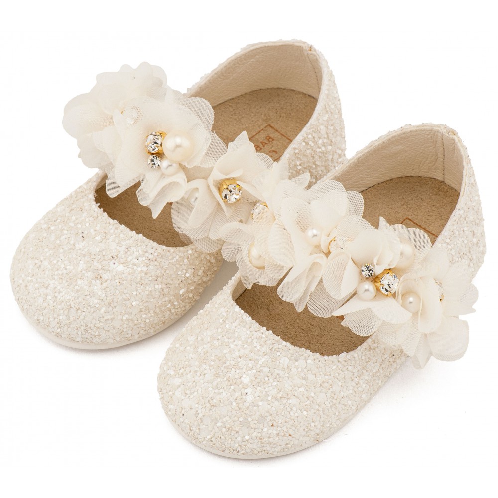 LU6118 Εκρού Γοβάκι Μονή Μπαρέτα Στρας με Λουλούδια Πέρλες και Κρύσταλα Swarovski  