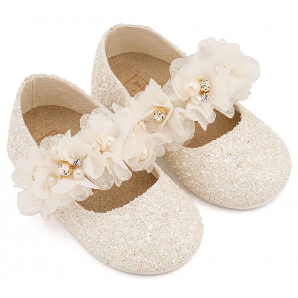 LU6118 Εκρού Γοβάκι Μονή Μπαρέτα Στρας με Λουλούδια Πέρλες και Κρύσταλα Swarovski  