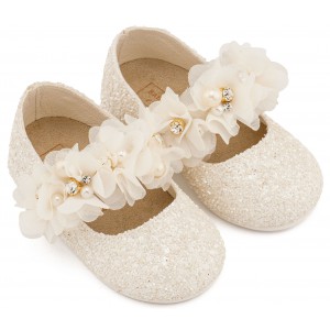 LU6118 Εκρού Γοβάκι Μονή Μπαρέτα Στρας με Λουλούδια Πέρλες και Κρύσταλα Swarovski  