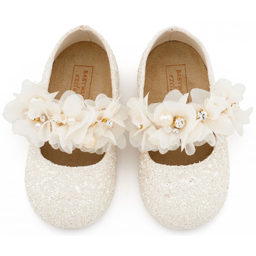 LU6118 Εκρού Γοβάκι Μονή Μπαρέτα Στρας με Λουλούδια Πέρλες και Κρύσταλα Swarovski  