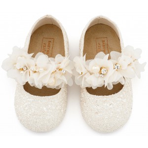 LU6118 Εκρού Γοβάκι Μονή Μπαρέτα Στρας με Λουλούδια Πέρλες και Κρύσταλα Swarovski  