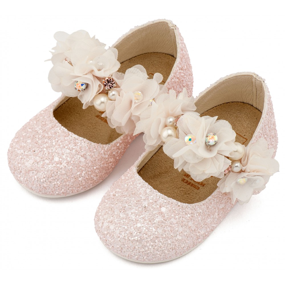 LU6118 Ροζ Γοβάκι Μονή Μπαρέτα Στρας με Λουλούδια Πέρλες και Κρύσταλα Swarovski  