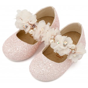 LU6118 Ροζ Γοβάκι Μονή Μπαρέτα Στρας με Λουλούδια Πέρλες και Κρύσταλα Swarovski  