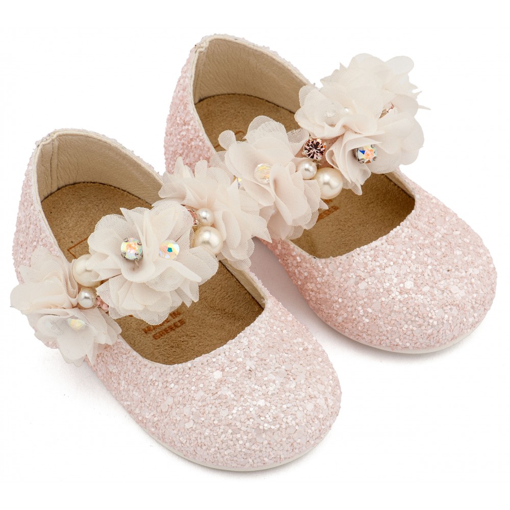 LU6118 Ροζ Γοβάκι Μονή Μπαρέτα Στρας με Λουλούδια Πέρλες και Κρύσταλα Swarovski  