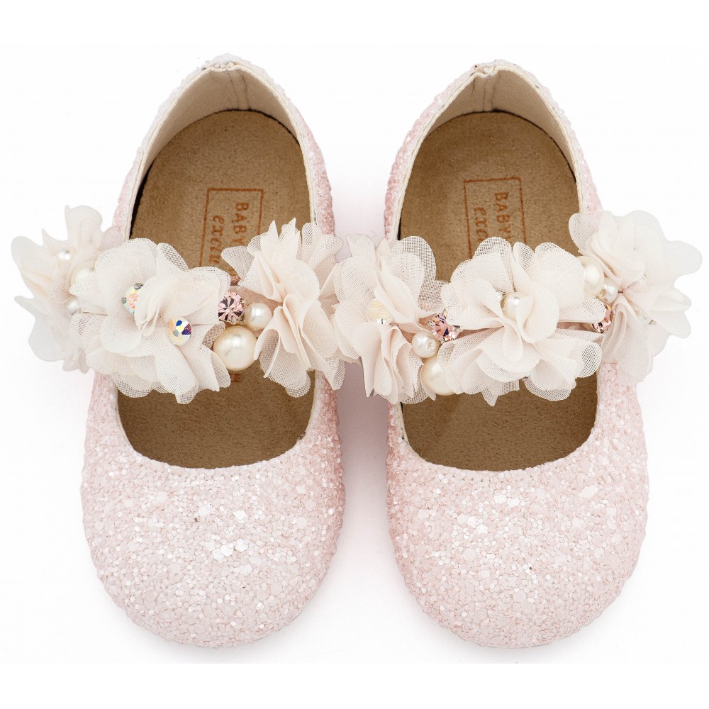 LU6118 Ροζ Γοβάκι Μονή Μπαρέτα Στρας με Λουλούδια Πέρλες και Κρύσταλα Swarovski  