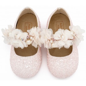 LU6118 Ροζ Γοβάκι Μονή Μπαρέτα Στρας με Λουλούδια Πέρλες και Κρύσταλα Swarovski  